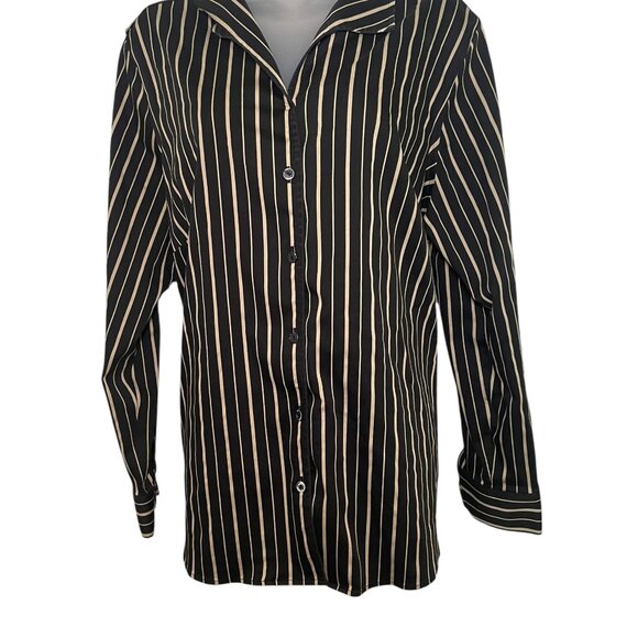 Foxcroft NYC 16W Black Tan Striped Non-Iron Stretch Button Down Blouse - Picture 3 of 7